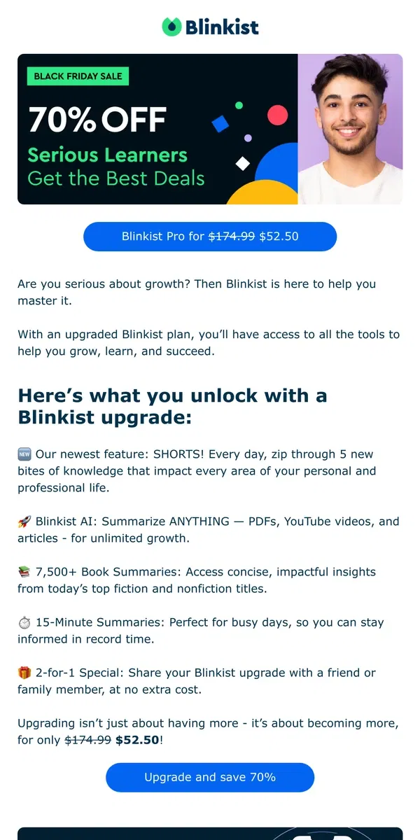 Email from Blinkist. 📚 For the Serious Learner - Get Blinkist Pro for just $52.50 (instead of $174.99)!