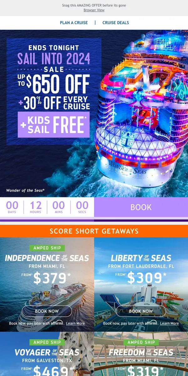 Email from Royal Caribbean. [ENDS TONIGHT]: New year, new ways to level up your next vacay with HUGE savings