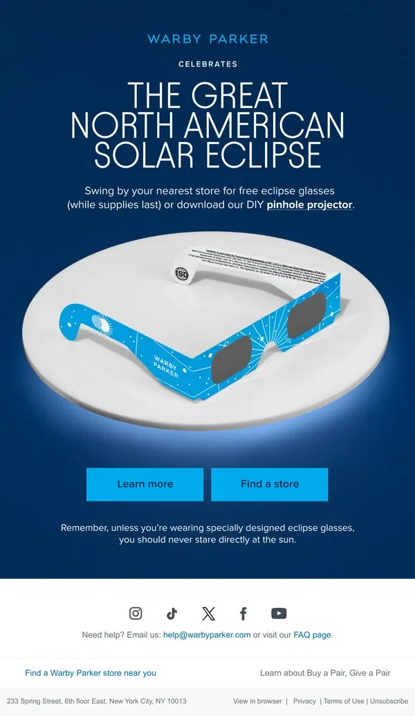 Email from Warby Parker. Free eclipse glasses (and more!)