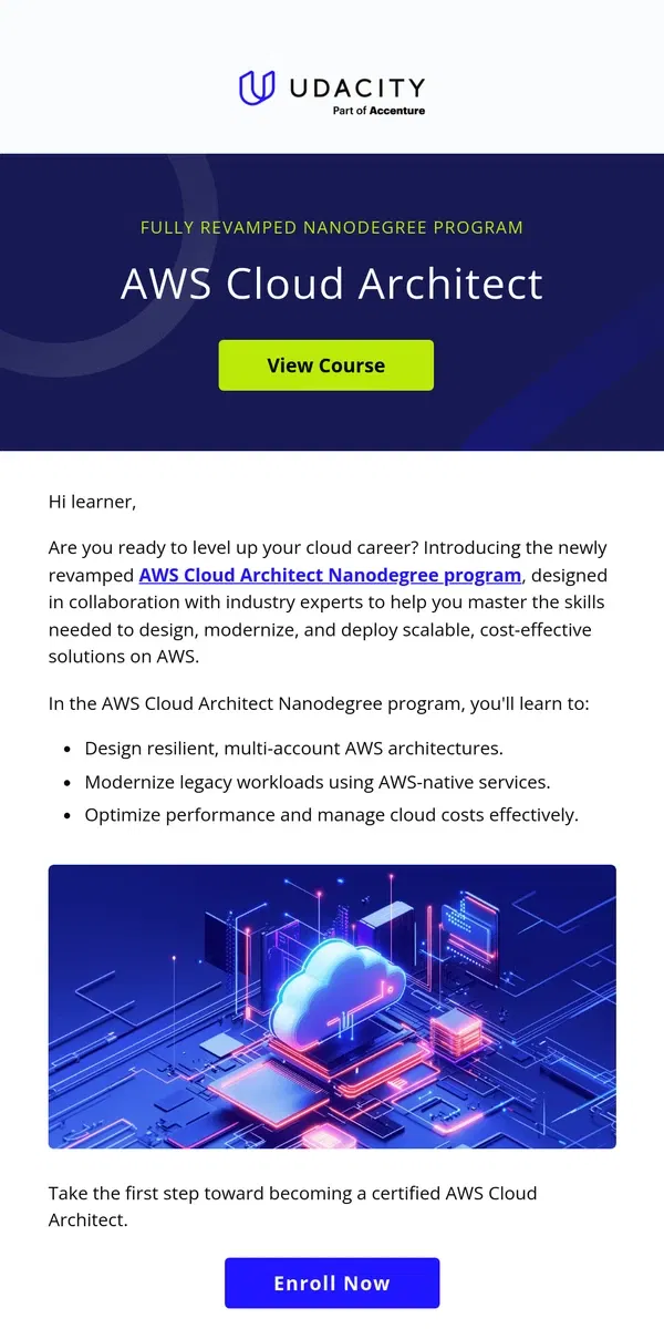 Email from Udacity. New and Improved ✨ AWS Cloud Architect Nanodegree program