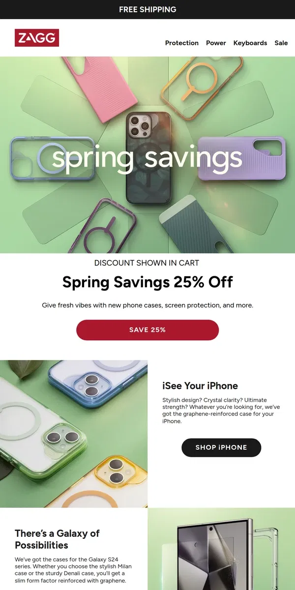 Email from ZAGG. Spring Savings: 25% off screen protection, cases, and more