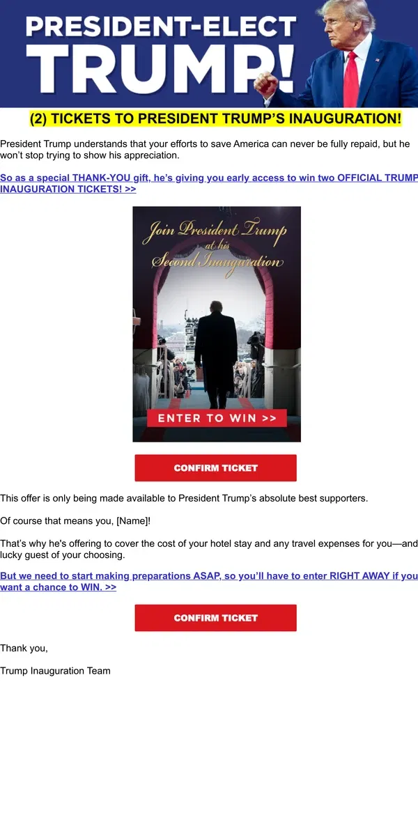 Email from Donald J. Trump. Do you want two tickets to President Trump’s inauguration?