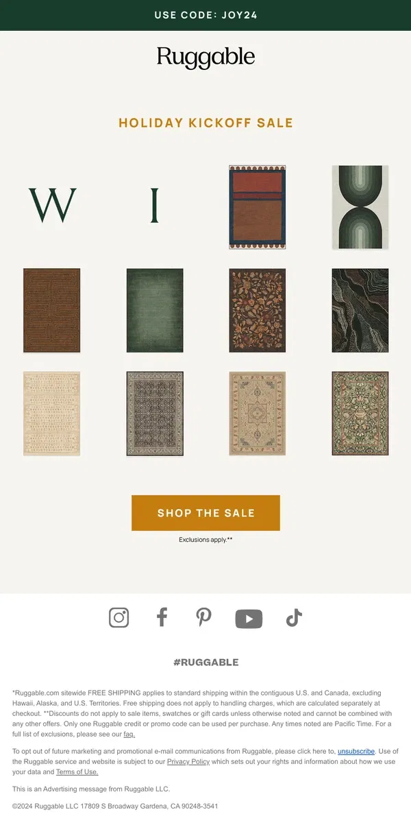 Email from Ruggable. ALLLL rugs now on sale