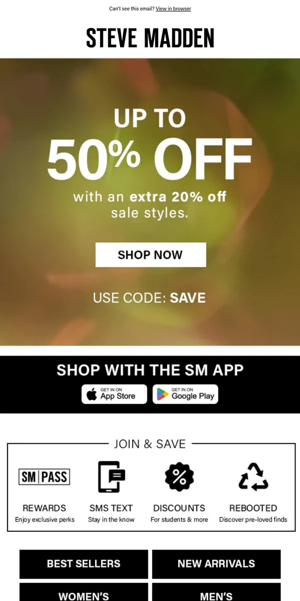 Email from Steve Madden. Singles’ Day Splurge: UP TO 50% OFF