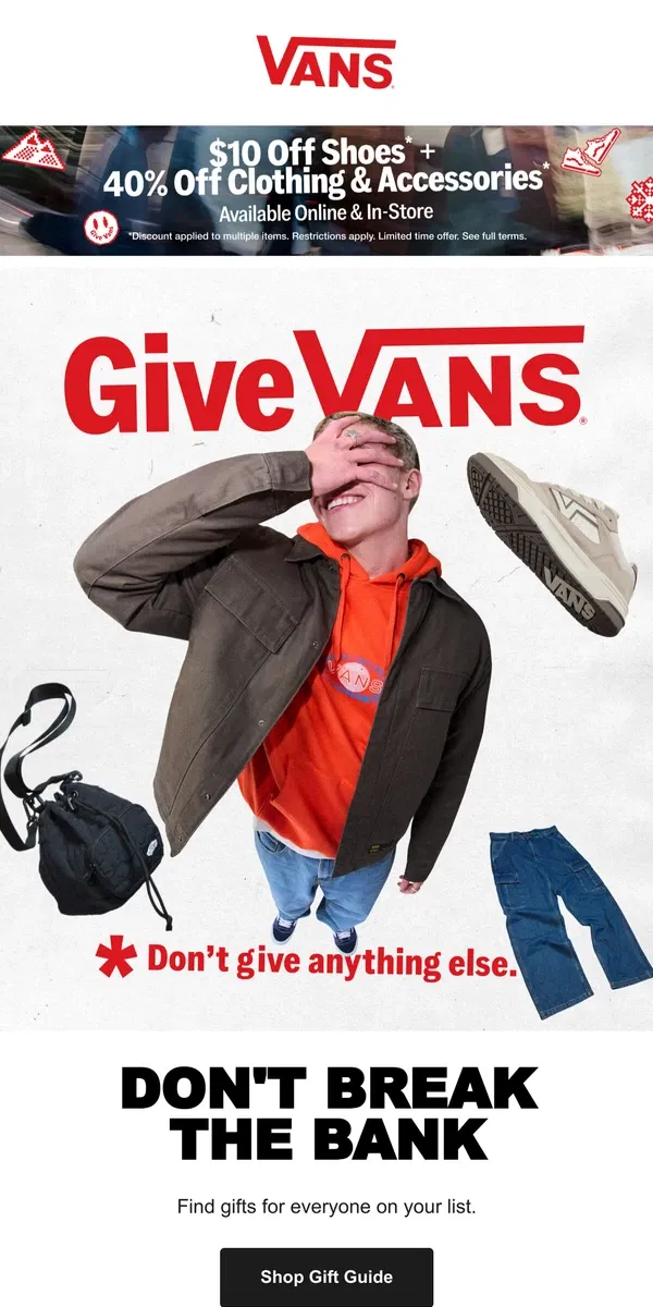 Email from Vans. GIFTS IDEAS: UNDER $100