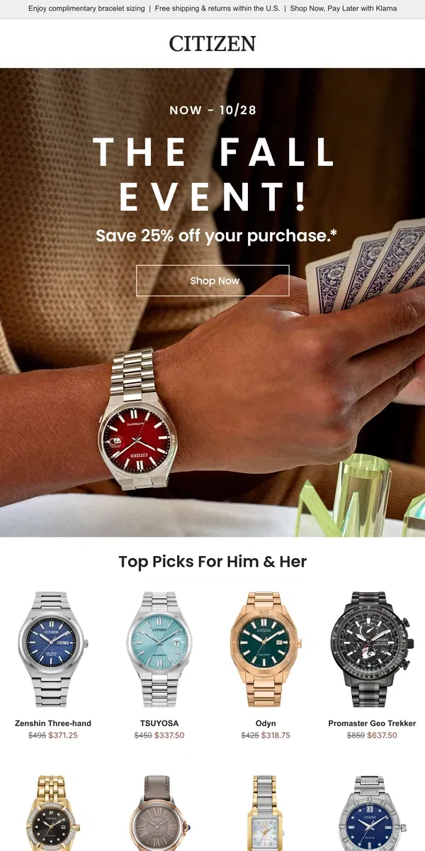 Email from Citizen Watch. ENDING SOON: SAVE 25% OFF