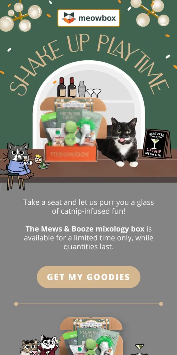 Email from meowbox. Get your paws on the January box! 🍸✨