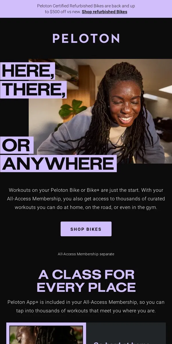 Email from Peloton. Work out on your Peloton Bike, and anywhere else