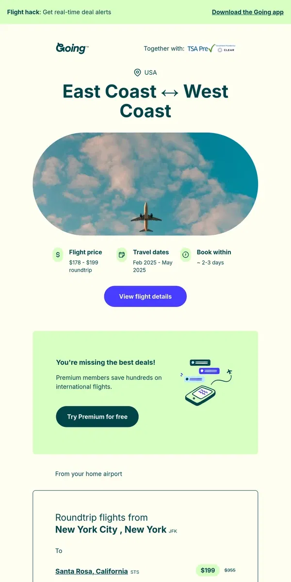 Email from Going. ✈️ Coast to Coast USA —  $178 to $199 (Feb-May)