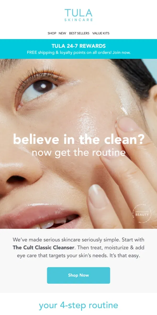 Email from TULA Skincare. 3 key steps after cleansing