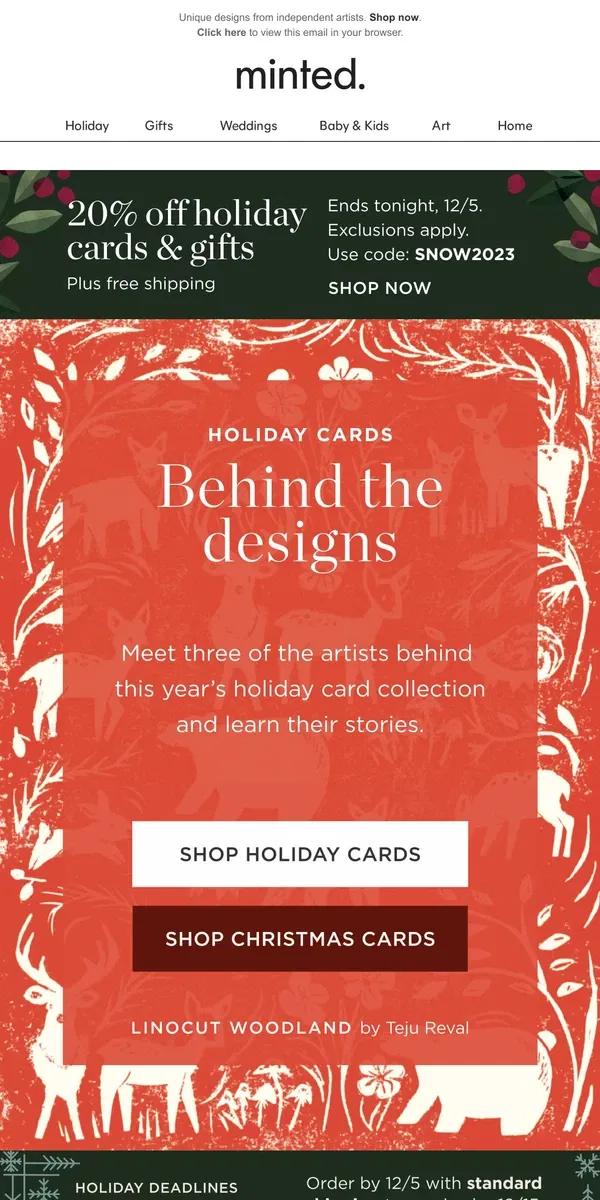 Email from Minted. 20% off holiday cards + meet three artists behind the designs