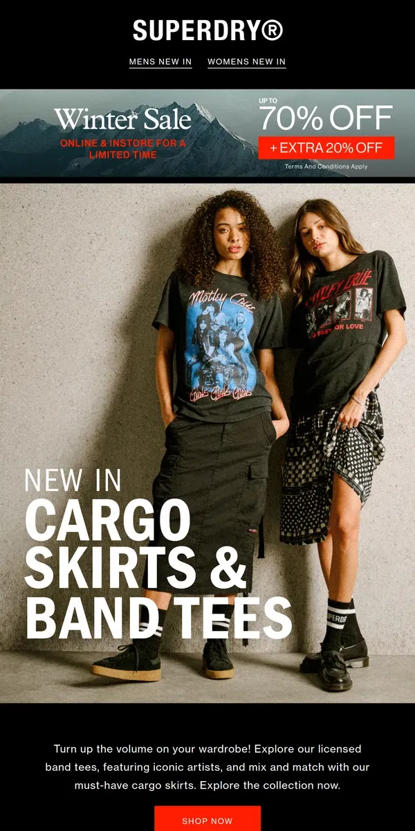 Email from Superdry. Band Tees 🤝 Cargo Skirts