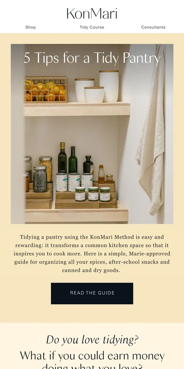 Email from KonMari. How to Organize a Kitchen Pantry