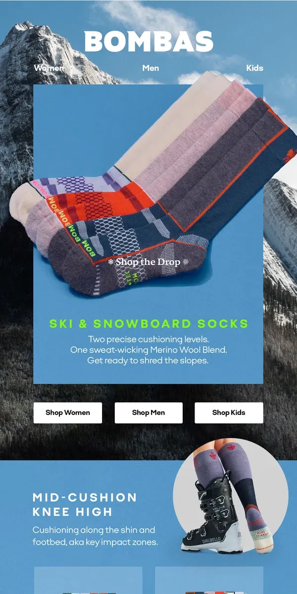 Email from Bombas. Ski & Snowboard Socks Are Back