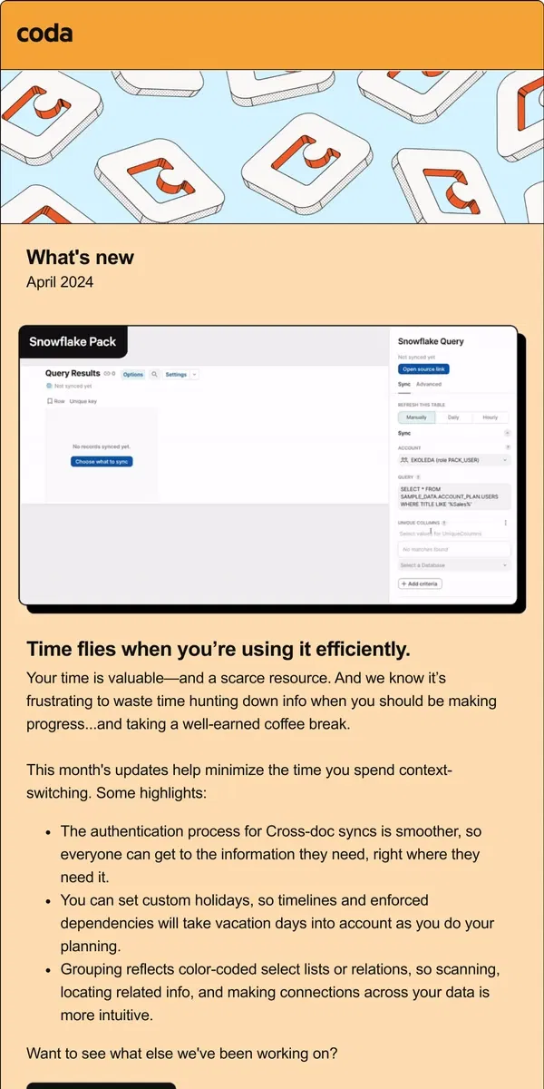 Email from Coda. What’s new: April 2024