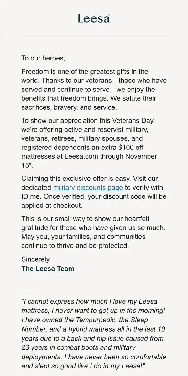 Email from Leesa. For our Heroes: an extra $100 off mattresses