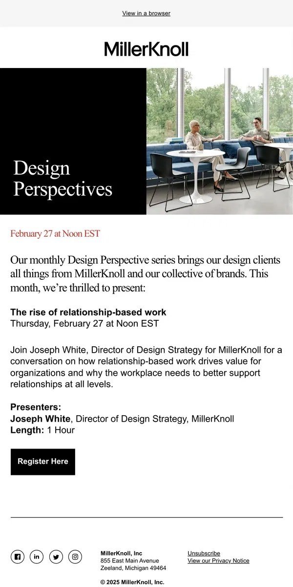 Email from Herman Miller. Reminder: Join Us on February 27 for MillerKnoll’s Design Perspectives Series