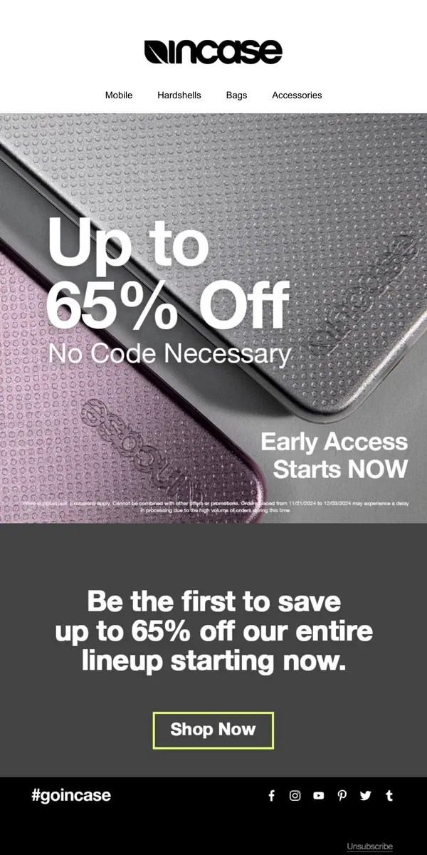 Email from Incase. First Dibs — Up to 65% Off