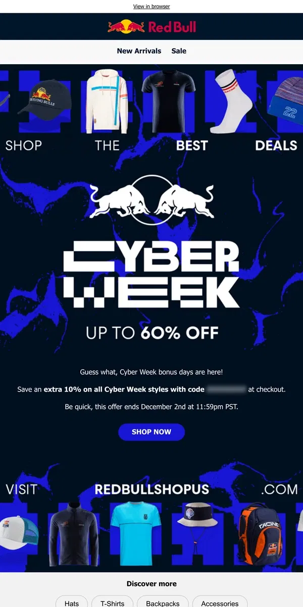 Email from Red Bull. EXTRA 10% OFF on all Cyber Week deals 💥