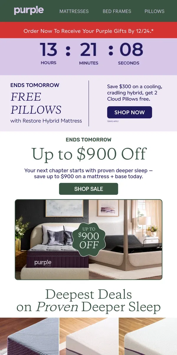 Email from Purple. Alert: Up to $900 Off Ends Tomorrow