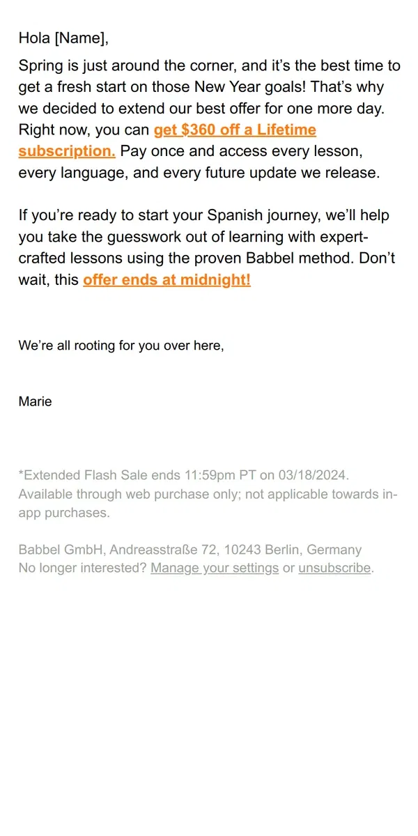 Email from Babbel. Extended for one more day.