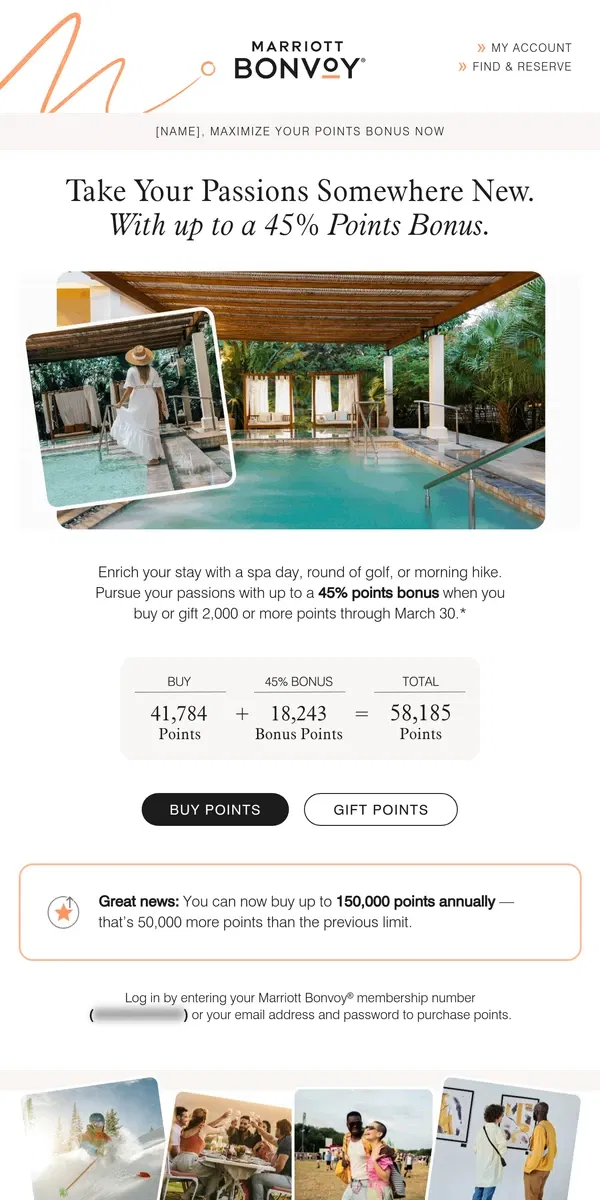 Email from Marriott Bonvoy. Get up to 45% Bonus Points to Pursue Your Passions