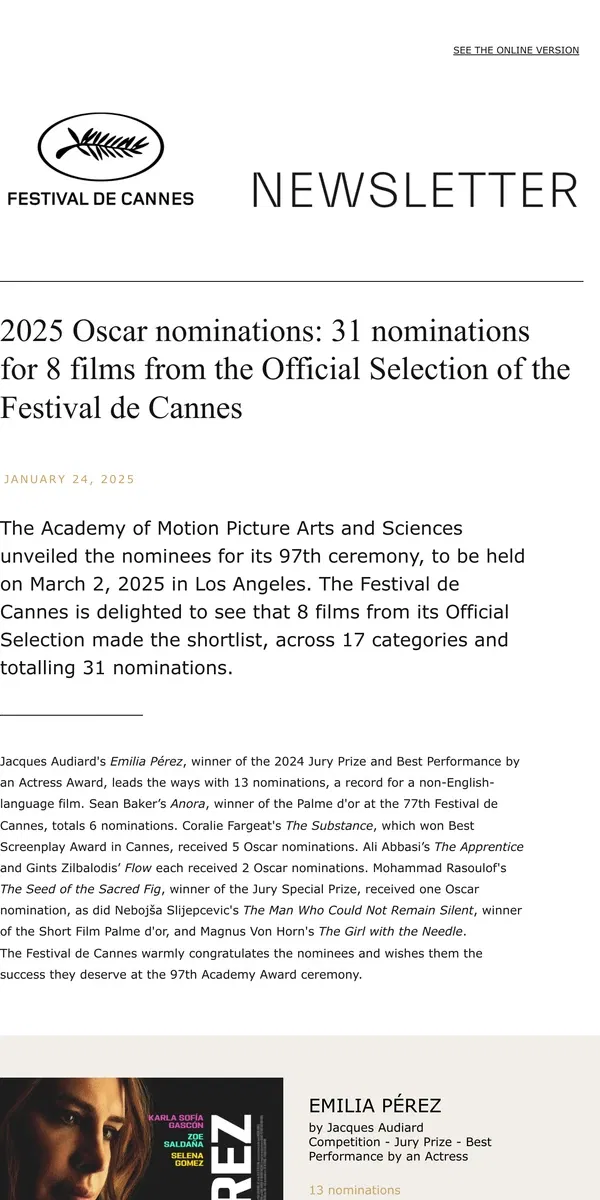 Email from Festival de Cannes. 2025 Oscar nominations: 31 nominations for 8 films from the Official Selection of the Festival de Cannes