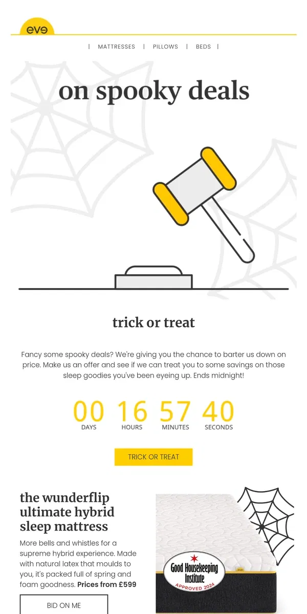 Email from Eve Sleep. trick or treat? open to find out your halloween exclusive 🕸️