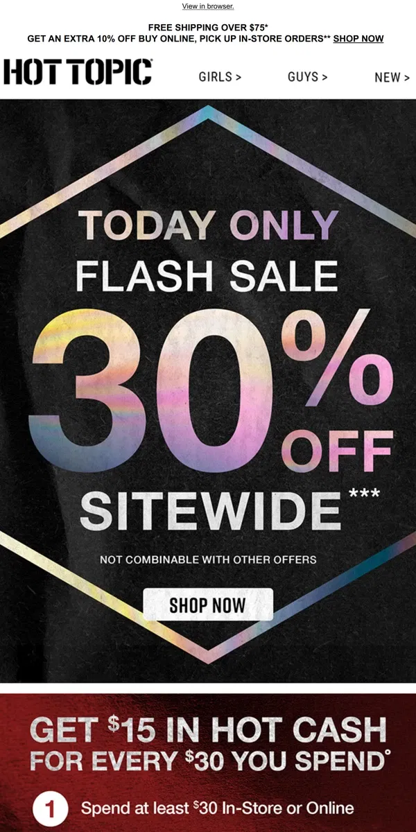 Email from Hot Topic. Boost your Monday with 30% Off 🔋