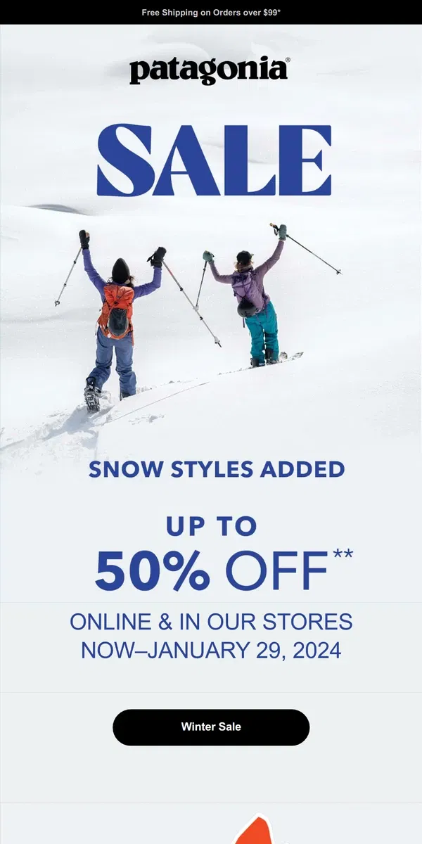 Email from Patagonia. Winter sale: Now up to 50% off