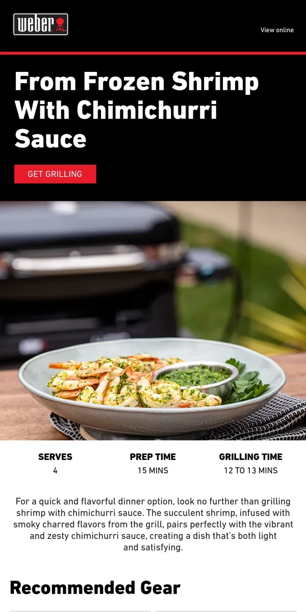 Email from Weber. Sizzle and Sauce! Grilled Shrimp with Chimichurri Sauce