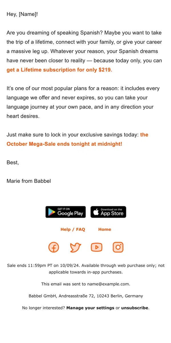 Email from Babbel. We have to say “adiós” to Lifetime for $219