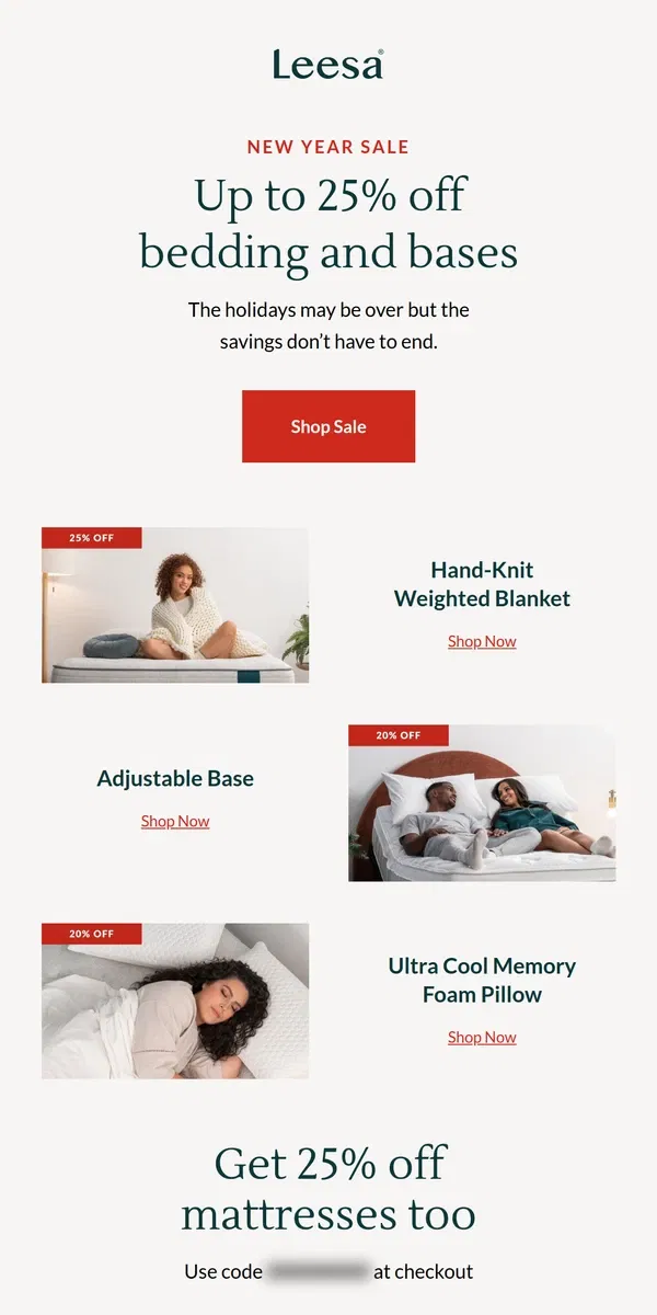 Email from Leesa. Complete your sleep with up to 25% off bedding and bases