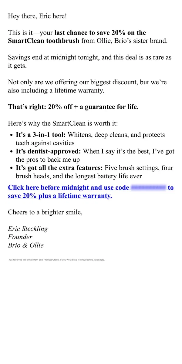 Email from Brio Product Group. Last call for an unbeatable offer 👉