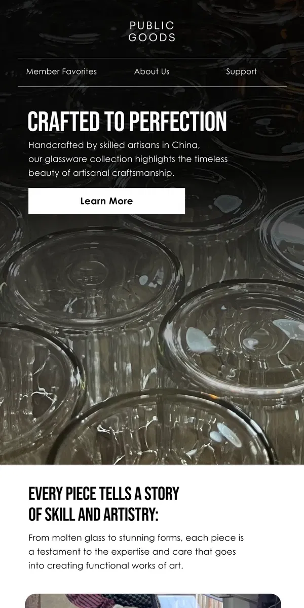 Email from Public Goods. Glassware with a story to tell