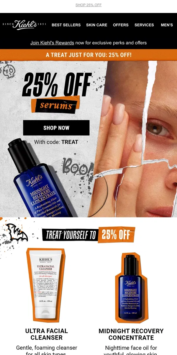 Email from Kiehl's. A Treat Just For YOU! 25% OFF Select Skincare 🧁