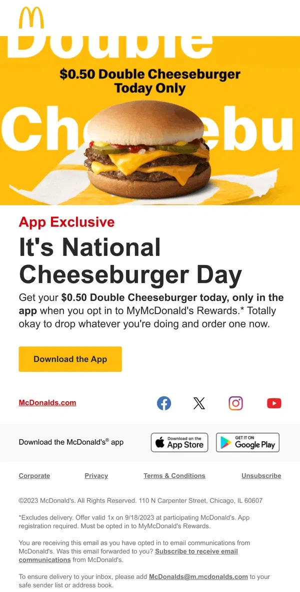 Email from McDonald's. $0.50 Double Cheeseburger for National 🍔 Day