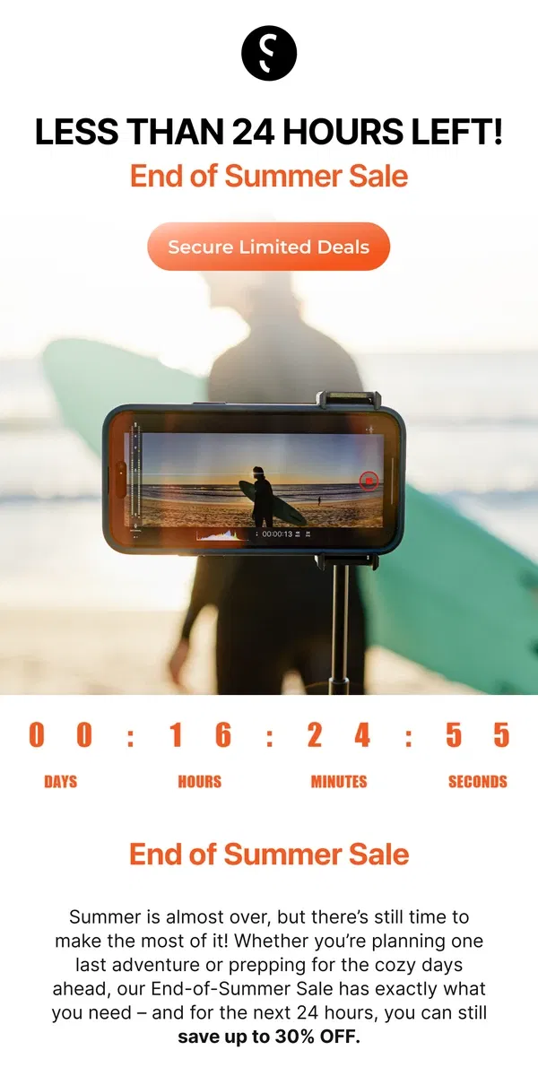 Email from ShiftCam. Less than 24 Hours Left! End of Summer Deals Ending Soon!