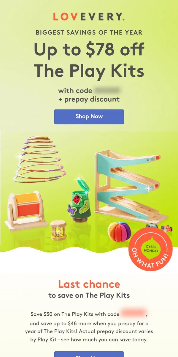 Email from Lovevery. Cyber Monday extended: Up to $78 off The Play Kits!