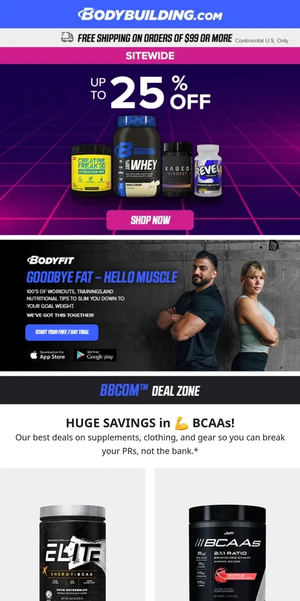 Email from Bodybuilding.com. HUGE SAVINGS in 💪 BCAAs! + 5 Hot Drinks To Help Build A Better Body This Winter