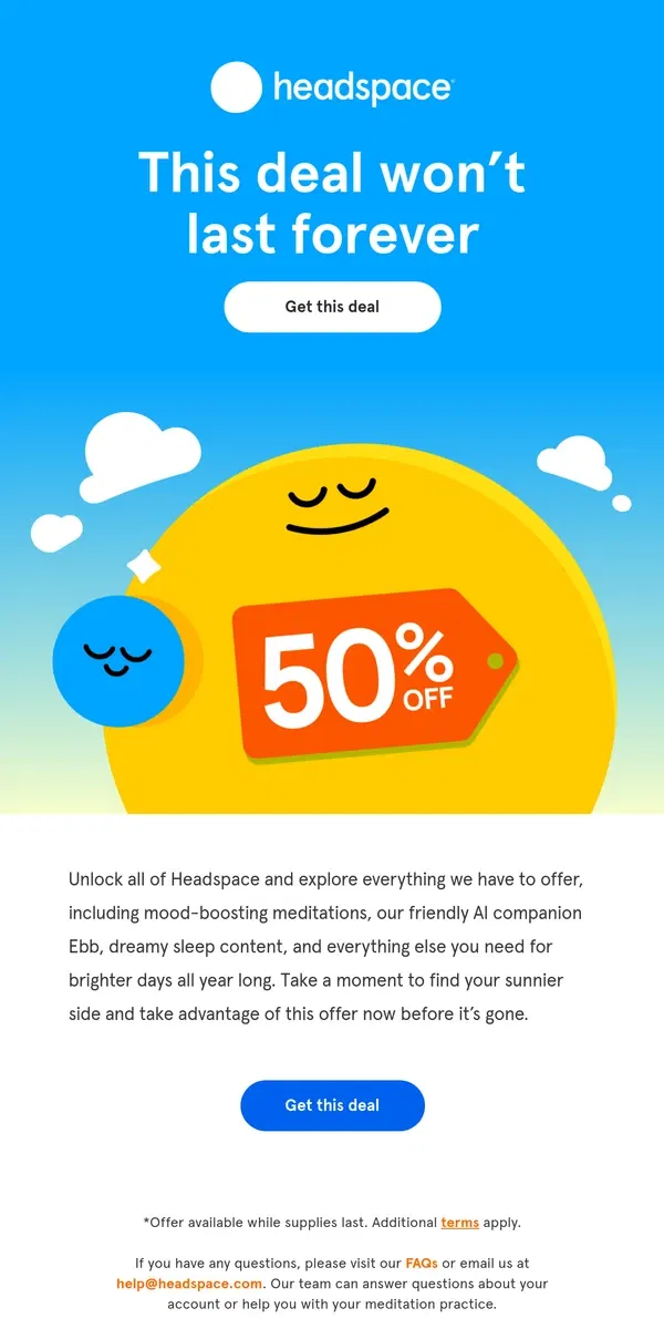 Email from Headspace. 50% off ends soon, [Name]