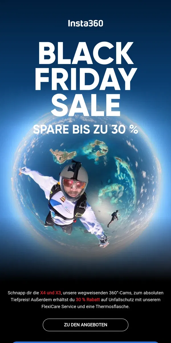 Email from Insta360. KRASSE Black Friday Deals für Kameras der Insta360 X-Serie.