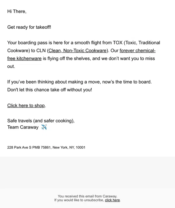 Email from Caraway. Your Boarding Pass for Your Flight | TOX to CLN