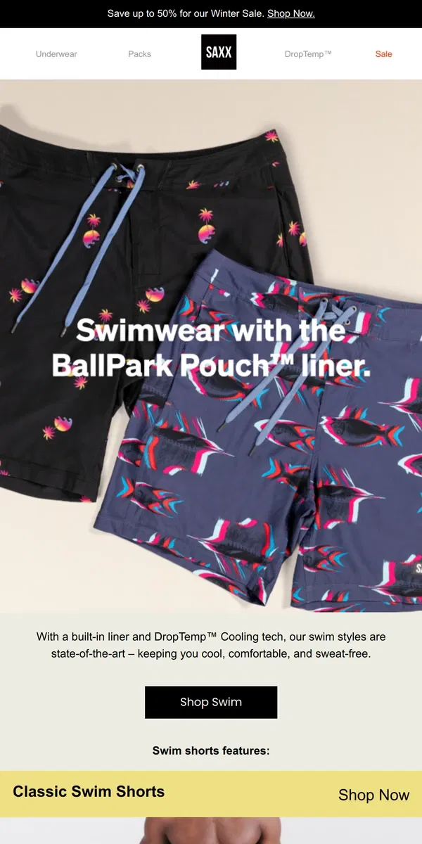 Email from SAXX Underwear. New swim styles added to sale