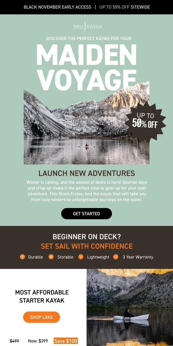 Email from Oru Kayak. 20-50% Off | Ready For Your Maiden Voyage?