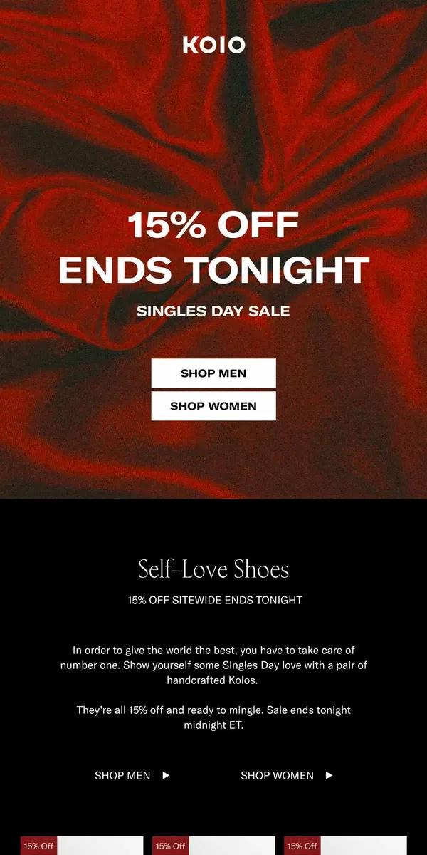 Email from Koio. It’s Singles Day—take 15% off