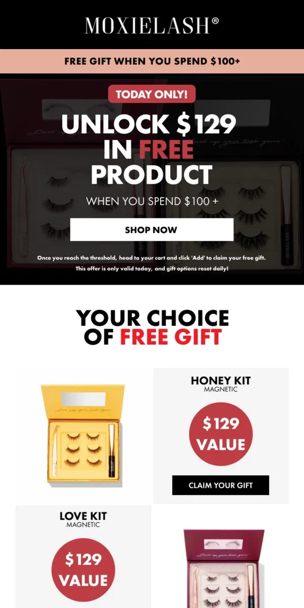 Email from MoxieLash. TODAY ONLY! Claim Your FREE Gift Worth $129 🛍️