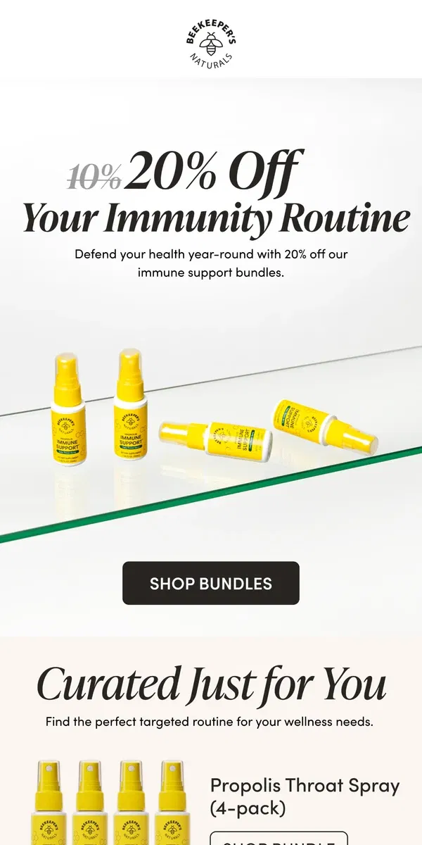 Email from Beekeeper's Naturals. 20% Off All Immune Support Routines 🤧