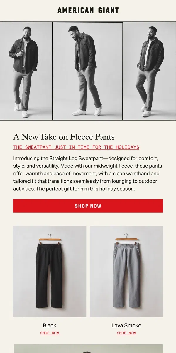 Email from American Giant. Introducing the Straight Leg Sweatpant