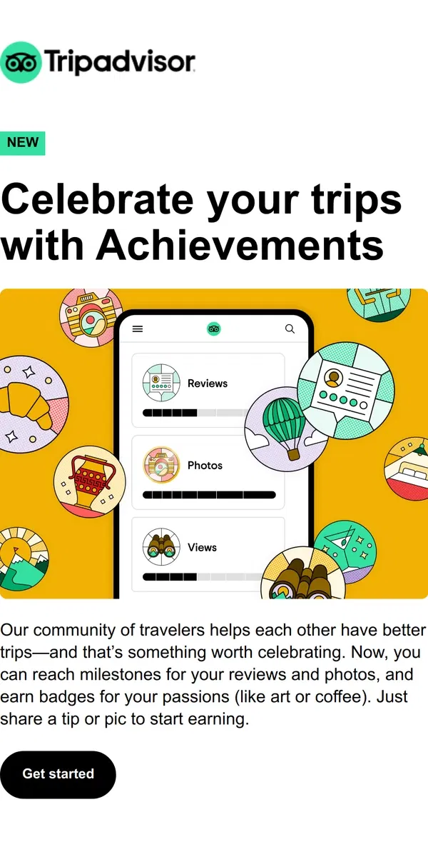 Email from Tripadvisor. Now introducing: Achievements